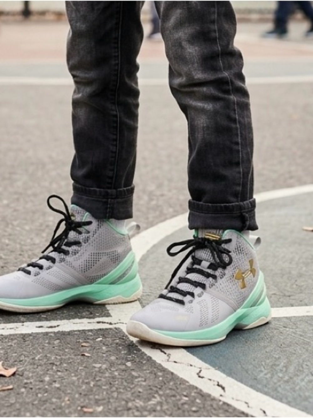 Under Armour Kids Streetwear Gray and Mint Green Athletic Basketball Shoes. 1